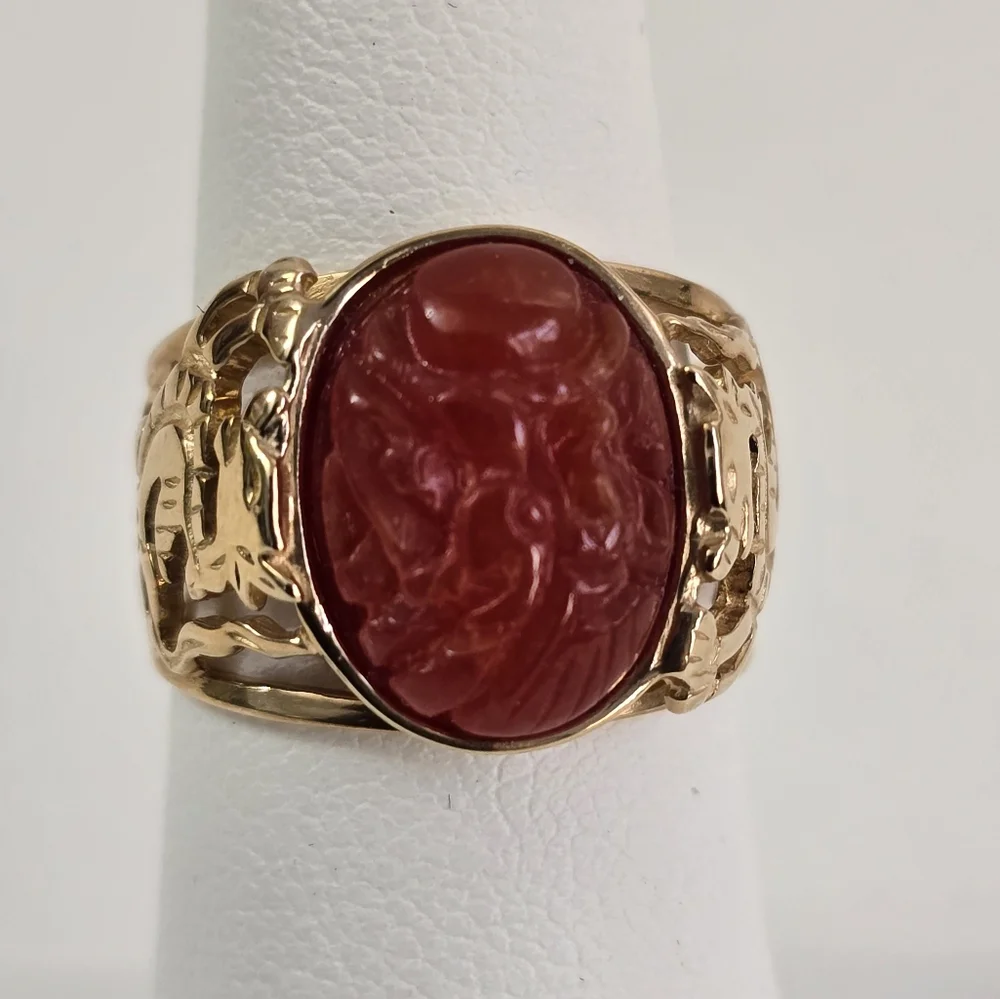 Heavy Rare / 14K Gold Carnelian Carved Chinese Dragon Ring